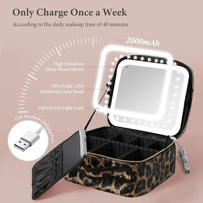 Travel Makeup Bag with LED Lighted Mirror, Cosmetic Makeup Organizer Bag with 3 Color Setting, Makeup Train Case with Adjustable Dividers for Women Makeup Brushes Jewelry Accessories