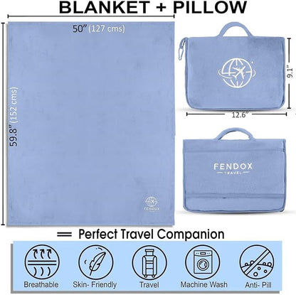 2-in-1 Travel Blanket and Pillow – Lightweight, Compact, Ultra Soft, Machine Washable – Handle, Luggage Sleeve, Backpack Clip – for Travel Airplane, Car, Office (Light Blue)