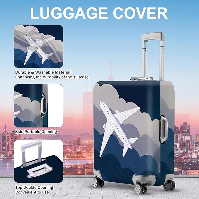 ANNA QUEEN Airplane Flight Luggage Cover, Dynamic Flight & Clouds Design, Stretchable, Washable Travel Sleeve for 20-34 Inch Luggage