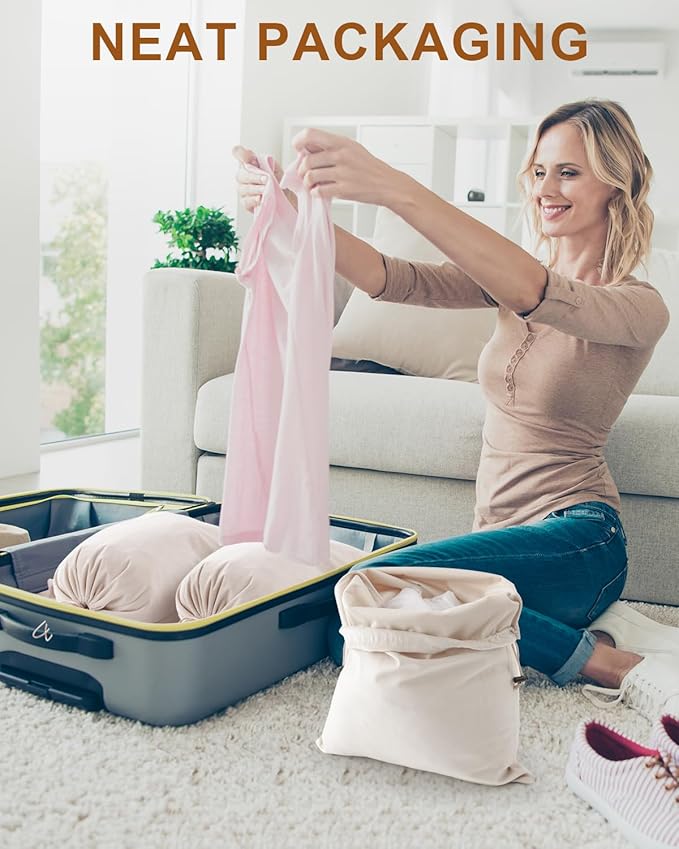 FantasyLife Shoe Bags for Travel, Washable Dust Bags for Storage & Packing, Flannel Shoe Pouch with Drawstring Closure for Purses, Handbags, Shoes & Toys (4, Beige)