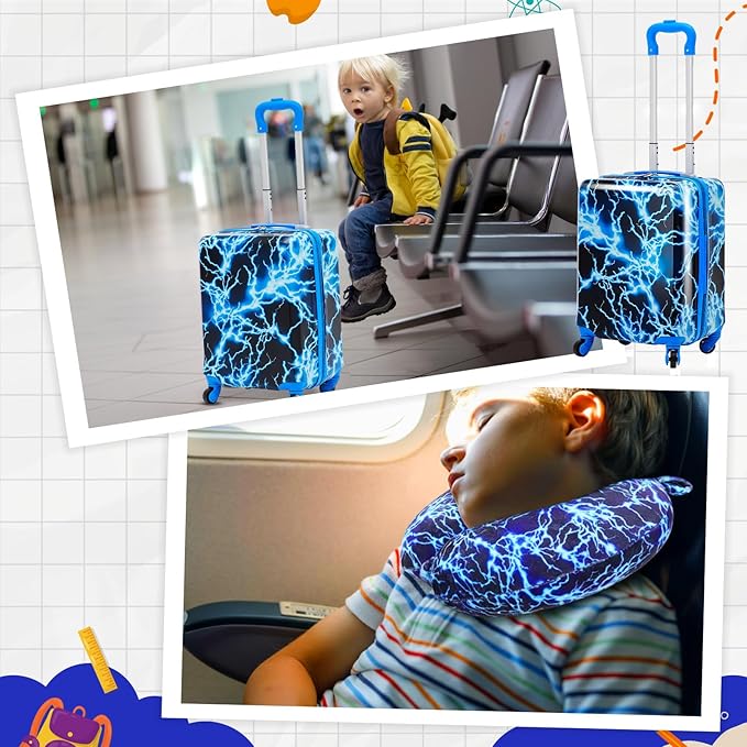 Redbaker 6 Pcs Kids Luggage Set 17 Inch Kids Rolling Luggage Double Pattern Suitcase for Girls Boys School Gift (Blue,17 Inch,Lightning Style)