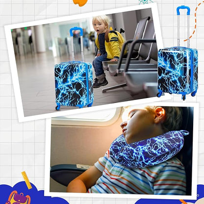 Redbaker 6 Pcs Kids Luggage Set 17 Inch Kids Rolling Luggage Double Pattern Suitcase for Girls Boys School Gift (Blue,17 Inch,Lightning Style)