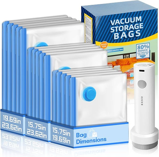 15 Pack Travel Vacuum Bags with Electric Pump，3 Different Sizes of Space Saver Bags,Vacuum Storage Bags Suitable for Clothing, Travel Luggage, Blankets, and Down comforters