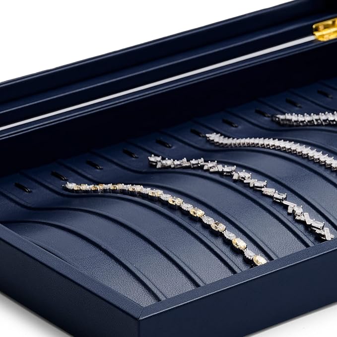 Oirlv Premium Blue Leather Necklace Bracelet Organizer Tray with Acrylic Lid Jewelry Display Case Drawer Insert Jewelry Organizer for women