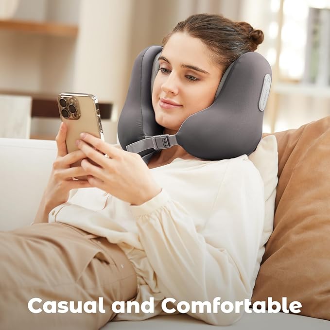 Travel Neck Pillow with Bluetooth Headset, Memory Foam Airplane Pillow for Head Support, Ergonomic Design Traveling Music Pillow for Home, Flight, Car with Adjustable Buckle and Drawstring Bag(Grey)