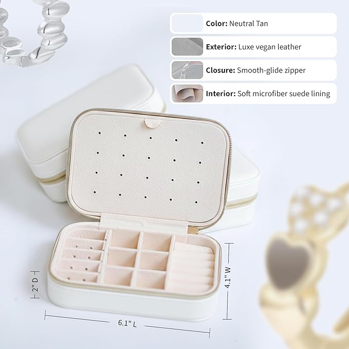 Small Travel Jewelry Box Organizer for women & Girls, Portable Small Travel Jewelry Case Organizer for Traveling, PU Leather Mini Box for Earrings, Necklaces, Rings, Bracelets - White