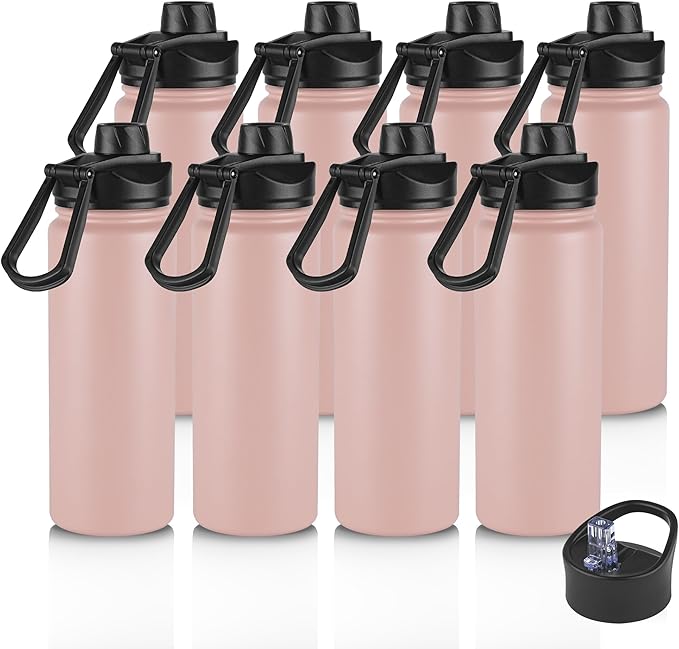 Insulated 24oz Stainless Steel Metal Water Bottle with Straw & Wide Mouth Lid, Double Wall Vacuum Bottle for Hiking & Camping, Pink 8 Pack