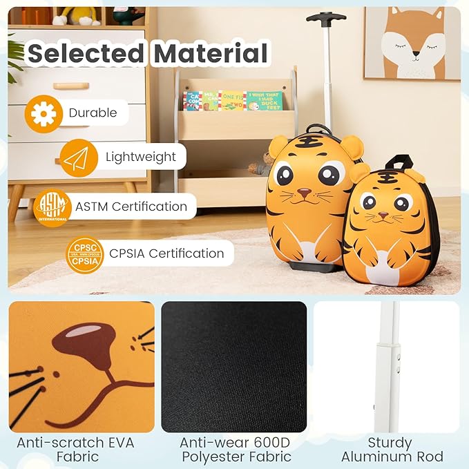 Goplus 2PC Kids Carry On Luggage Set, 16" Rolling Suitcase & 12" Backpack, Airline Approved Travel Trolley Luggage with Wheels for Toddlers Children Girls Boys (Tiger)