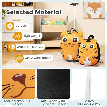 Goplus 2PC Kids Carry On Luggage Set, 16" Rolling Suitcase & 12" Backpack, Airline Approved Travel Trolley Luggage with Wheels for Toddlers Children Girls Boys (Tiger)