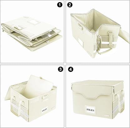 DocSafe Fireproof Document Box with Lock,File Storage Organizer with Zipper Pockets,Collapsible Portable File Box Home Office Safe Filing Cabinet with Handle for Hanging Letter/Legal Folders,Beige