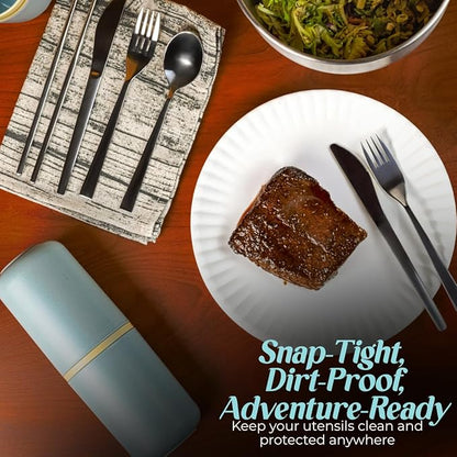 Travel Utensils with Case - Metal Camping Silverware Cutlery Set with Cups - Reusable & Portable Fork Knife Spoon Flatware & Chopsticks for Lunch Box, Backpacking, Mess Kit (2 Cases)