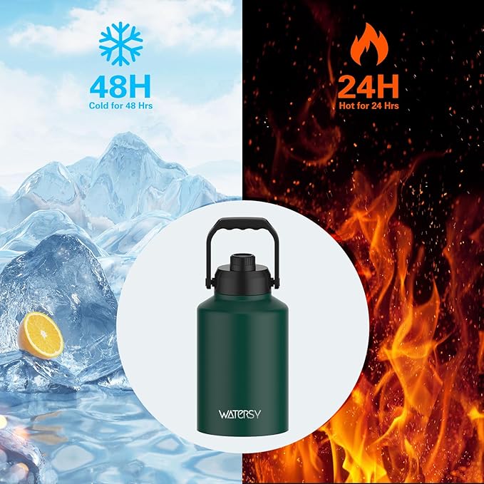 WATERSY Half Gallon Water Bottle Insulated(Cold for 48 Hrs),BPA Free&Leak Proof,64oz Stainless Steel Water Jug/Flask,Big thermo,Large Water Bottle with Handle for Gym,Hiking,Camping,Dark Green
