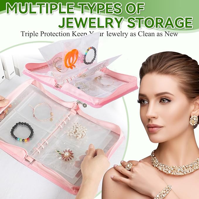 Jewelry Organizer Case Travel Clear Earring Organizer Case Transparent Jewelry Storage Book with Clear Zippered Jewelry Pouch (Pink, with 48 Pcs large Jewelry Pouches)