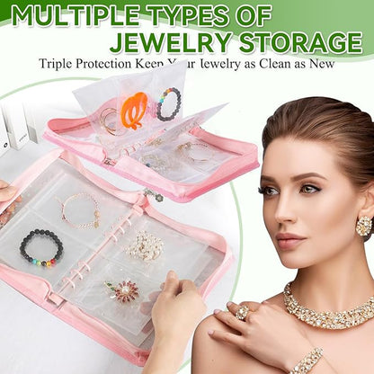 Jewelry Organizer Case Travel Clear Earring Organizer Case Transparent Jewelry Storage Book with Clear Zippered Jewelry Pouch (Pink, with 48 Pcs large Jewelry Pouches)