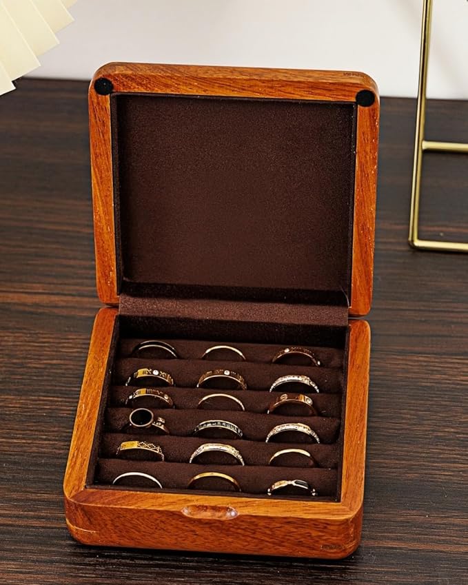 Jewelry Case Solid Wood Jewelry Organizer Box for Multiple Rings Cufflinks Earrings Portable Travel Storage Rings Case Wooden Holders Vintage Gift for Women Valentine Mother's Day Idea