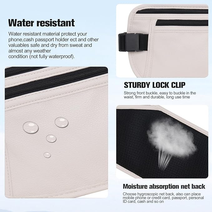 PU Leather Money Belt - Passport Holder Secure Hidden Travel Wallet with RFID Blocking, Undercover Fanny Pack(White)