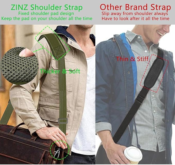 ZINZ 79 inch Shoulder Strap, Extra-thick Fixed Cushion Pad and Dual Clasps Universal Replacement Strap with Metal Swivel Hooks for Laptop Bags, Luggage Bags, Camera, Crossbody(Army Green)
