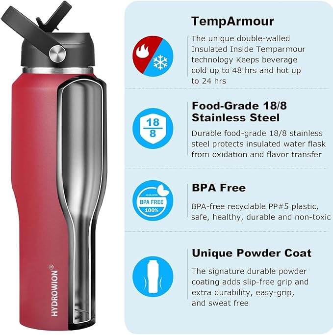 HYDROWION 40 oz Insulated Water Bottle with Straw fit in Car Cup Holder(Cold 48 hrs, Hot 24 hrs) Drinking Bottle with Straw Lid, Spout Lid and Flex Cap Leakproof Travel Thermo Mug，Red