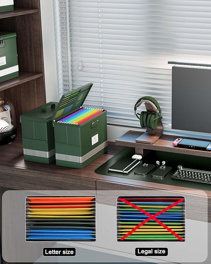 Oterri 2 Pack Fireproof Document Box With Lock, Portable File Safe Box Fireproof Waterproof For Letter Files, Collapsible Fireproof File Box With Handle (Green, 2 Pack)