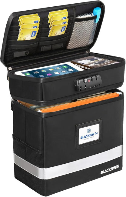 BlackSmith Fireproof Document Box With Lock, 4200°F Heat Resistant & IPX3 Waterproof 2 Layer Document Bag with Hanging File Organizer for Letter Size, Portable File Safe Box for Office, Travel