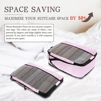 U+U 10 Set Compression Packing Cubes - Ultralight Pink Stripe Travel Organizers with Laundry Bag, Space-Saving Suitcase Organizer, Expandable Packing Cubes for Travel and Family Vacation (Pink Stripe)