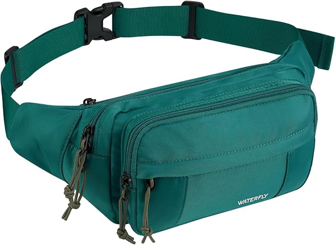 WATERFLY Fanny Pack Waist Packs: Large Crossbody Fanny Packs for Women Men with 5 Zipper Pockets Adjustable Strap Waist Bags Hip Pack for Traveling Cycling Running Hiking-Cyan