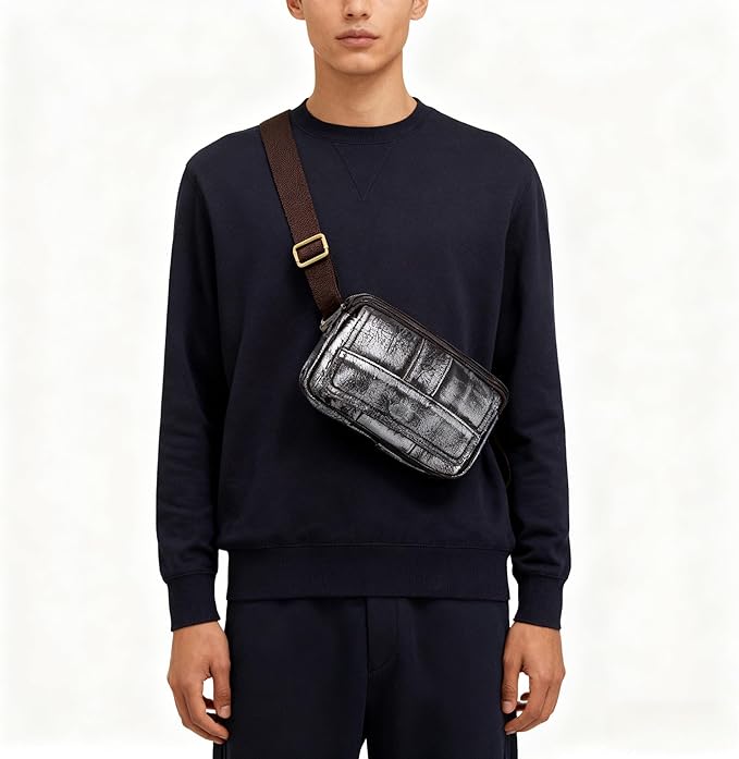 Compact Genuine Leather Waist Pack for Men Phone Fanny Pack Small Chest Messenger Bag with Adjustable Belt Gifts for Men (Silver)