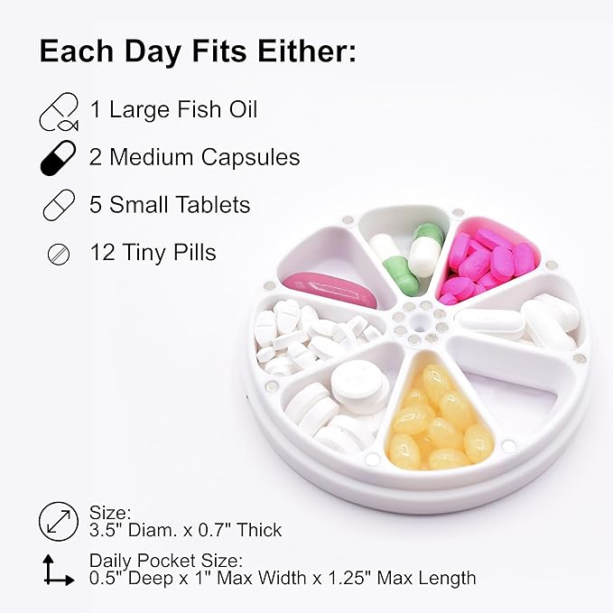 Travel RX Pill Case by Type Two Labs – Weekly 7 Day Pill Box, Compact Magnetic Organizer for Pills fits Purses or Pockets, Rugged Daily Caddy Holds Vitamins, Supplements and Medication. (White)
