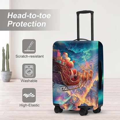 Northern Lights Christmas Luggage Cover - Santa's Sleigh Flying Over City Under Aurora, Magical Stretchable Suitcase Protector 32 34 Inch