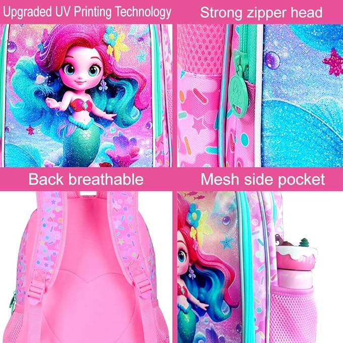 WZLVO 3PCS Mermaid Backpack for Girls, 16'' Kids Preschool Bookbag with Lunch Box, Cute Water Resistant School Bag Set for Elementary Kindergarten Toddler