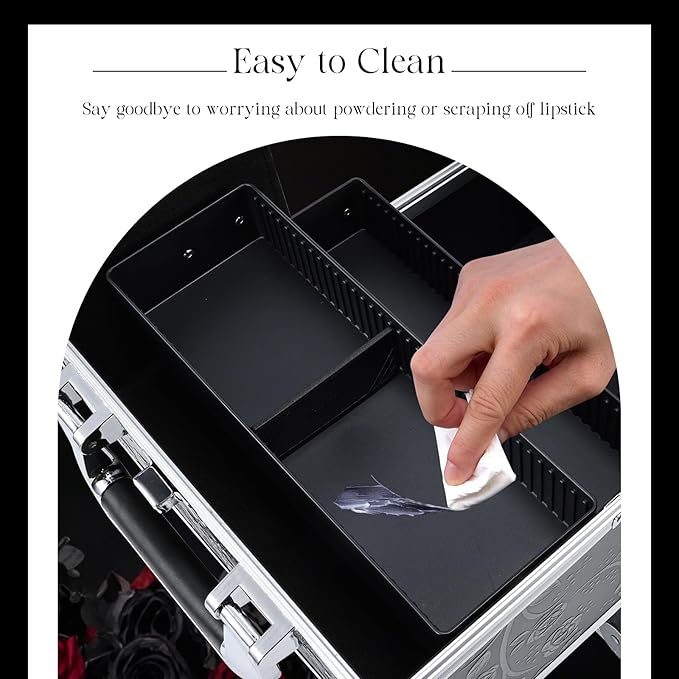 FRENESSA Makeup Train Case Cosmetic Box Portable Makeup Case Organizer 4 Trays Travel Case Storage with Dividers Lockable for Make up Artist Crafter Nail Kits Tools Black Floral