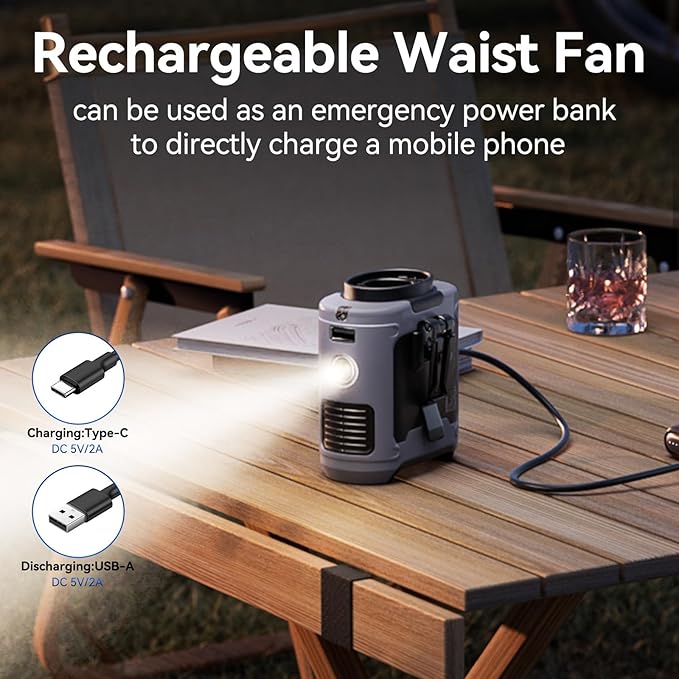Aristide Waist Fan With Flashlight, Personal Portable USB Rechargeable Waist Clip - 10000mAh, 36hrs Wearable Cooler