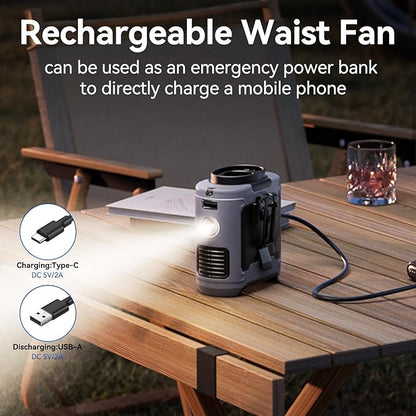 Aristide Waist Fan With Flashlight, Personal Portable USB Rechargeable Waist Clip - 10000mAh, 36hrs Wearable Cooler