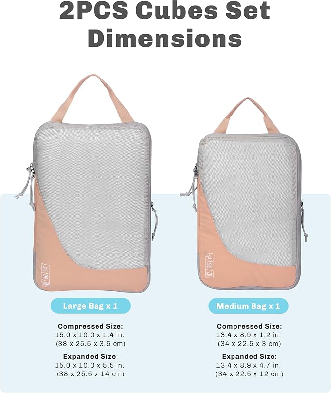 Hynes Eagle 6 Set/ 4 Set/ 2 Set Compression Packing Cubes Travel Essentials Lightweight Nylon Luggage Suitcase Organizer Bag Light Pink 2PCS