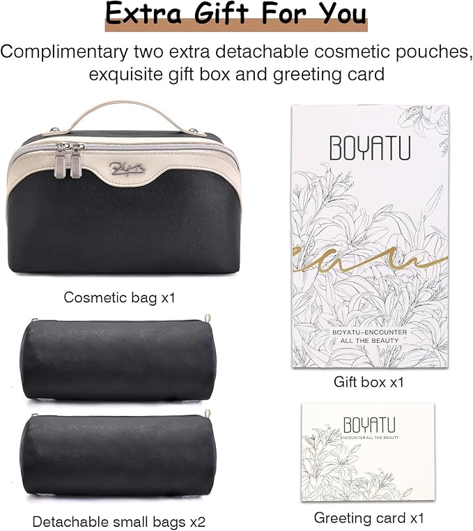 BOYATU Travel Makeup Bag Organizer Cosmetic Bag: 3 Pcs Set Make up Bags for Women with Handle - Waterproof Vegan Leather Toiletry Bags Travel Essentials Pouch with Compartments (04-Black)