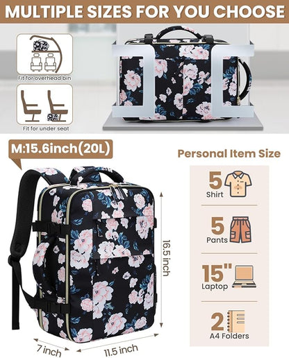 Travel Backpack for Women Man, Waterproof Personal Item Travel Bag Airline Approved Laptop Backpack Bookbag Weekender bags for Business,Travel, Work Fits 15.6 inch Laptop(Medium,Flower)