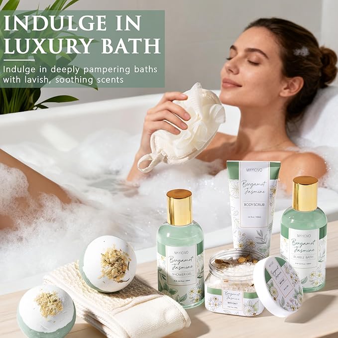 Christmas Birthday Gifts for Women, Bergamot Jasmine Relaxing Spa Gift Baskets for Women Self Care Package Bath Gift Set, Home Bath and Body Kit Pampering Gifts for Womens Mom Her Friends Sister Wife