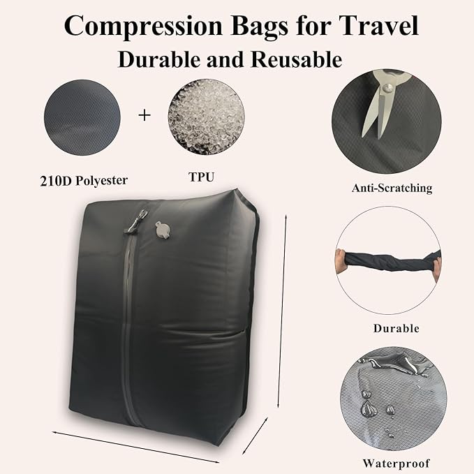 Travel Vacuum Bags with Pump 33L(21.65x15.75x5.91") Large Size IP67 Reusable Space Saver Compression Packing Storage Organizer Cube for Luggage CarryOn Suitcases & Backpack (2 Bag- BLACK)