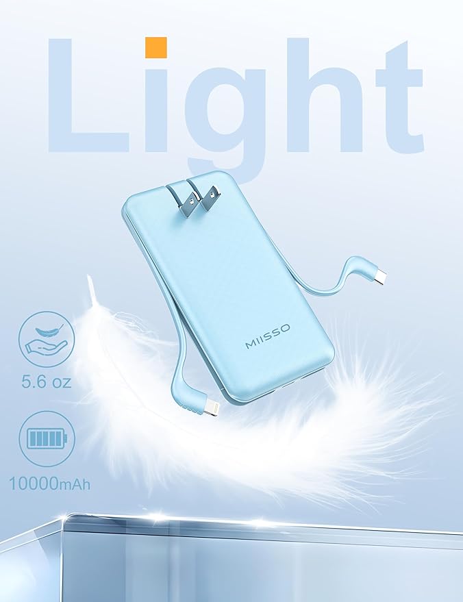 miisso Ultra Slim 10000mAh Power Bank Built-in Cables and Foldable AC Wall Plug, Pocket Size USB C Portable Charger, External Battery Pack Compatible with iPhone Samsung iPad etc, Blue