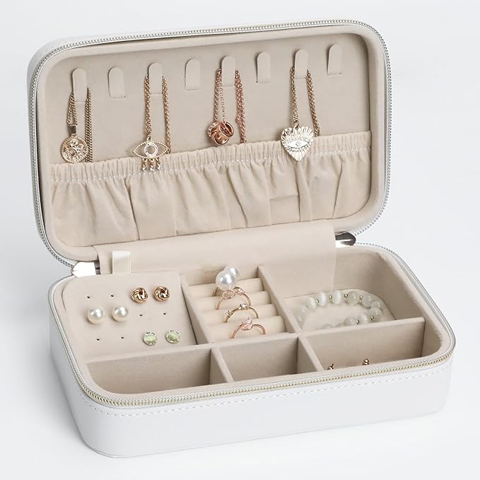 Elegant Travel Jewelry Case for Women - Multi-Function Jewelry Organizer with Necklace Hooks, Ring Slot, and Velvet Lining, Perfect for Trips White