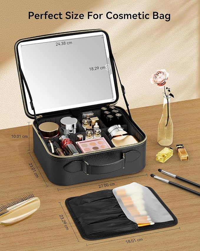 JUSRON Travel Makeup Bag With LED Mirror, Cosmetic Train Case with Light up Mirror, Portable Makeup Artist Organizer Bag with Adjustable Dividers, Makeup Brush Holder Storage (Black, Medium)