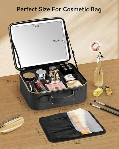 JUSRON Travel Makeup Bag With LED Mirror, Cosmetic Train Case with Light up Mirror, Portable Makeup Artist Organizer Bag with Adjustable Dividers, Makeup Brush Holder Storage (Black, Medium)