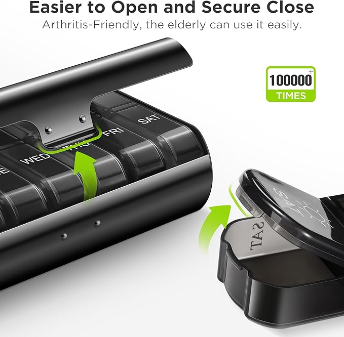 Zannaki Metal XL Weekly Pill Organizer 2 Times a Day, Large Travel Daily Pill Box 7 Day, Portable Week Twice Pill Holder Container, AM PM Pill Case for Medicine Vitamin Medication Supplement, Black