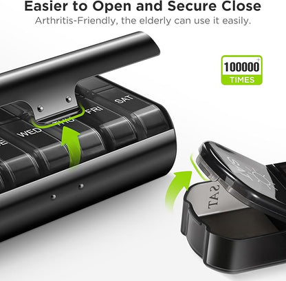 Zannaki Metal XL Weekly Pill Organizer 2 Times a Day, Large Travel Daily Pill Box 7 Day, Portable Week Twice Pill Holder Container, AM PM Pill Case for Medicine Vitamin Medication Supplement, Black