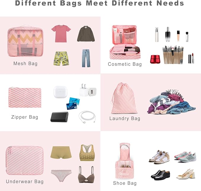 BAGAIL 8 Set Packing Cubes Luggage Packing Organizers for Travel Accessories-White and Pink Stripe