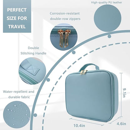 Travel Makeup Bag for Women and Makeup Artists Cosmetic Organizer Large Makeup Case,Travel Makeup Bag with Mirror 3 Color Setting,Portable Storage and Adjustable Dividers(baby blue)