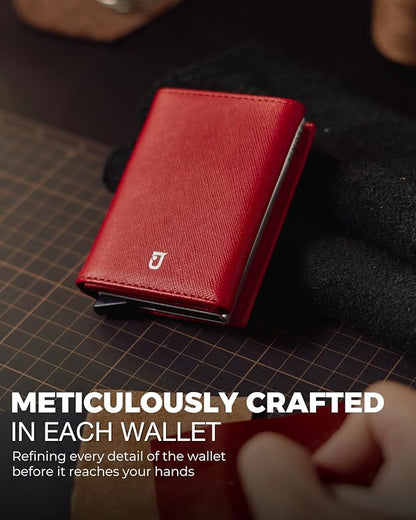Jenoss Smart Wallet For Men & Women: Full Grain Leather, Handcrafted, Slide Metal Pop Up Case, Slim RFID Blocking Credit Card Holder Minimalist Compact 12 Cards Slot Organizers ID Clip (Red & Silver)