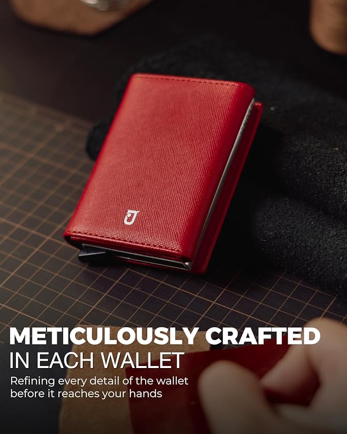 Jenoss Smart Wallet For Men & Women: Full Grain Leather, Handcrafted, Slide Metal Pop Up Case, Slim RFID Blocking Credit Card Holder Minimalist Compact 12 Cards Slot Organizers ID Clip (Red & Black)