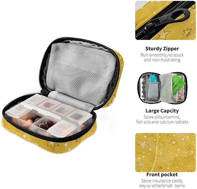 Cute Golden Stars and Dots Travel Pill Organizer Case Box Container Weekly Portable Vitamin Medicine Holder Storage Bag with Zipper Removable