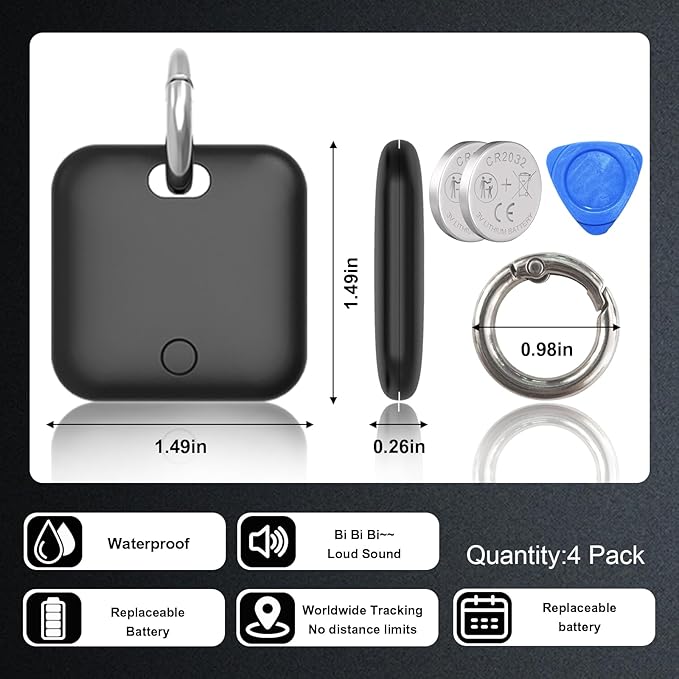 Tracker Tags-4 Pack(iOS Only) Compatible with Apple with 2 Batteries,Replaceable Battery,Bluetooth Luggage Smart GPS Tag Works with Apple Find My APP,Item Finders for Dog/Key/Luggage